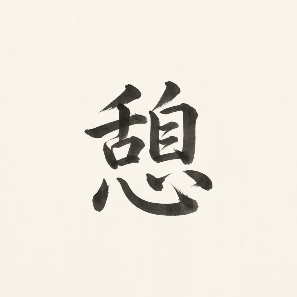 憩 — ikoi — rendered in brush calligraphy; its radicals 自 (self) and 心 (heart) together form 息 (breath)