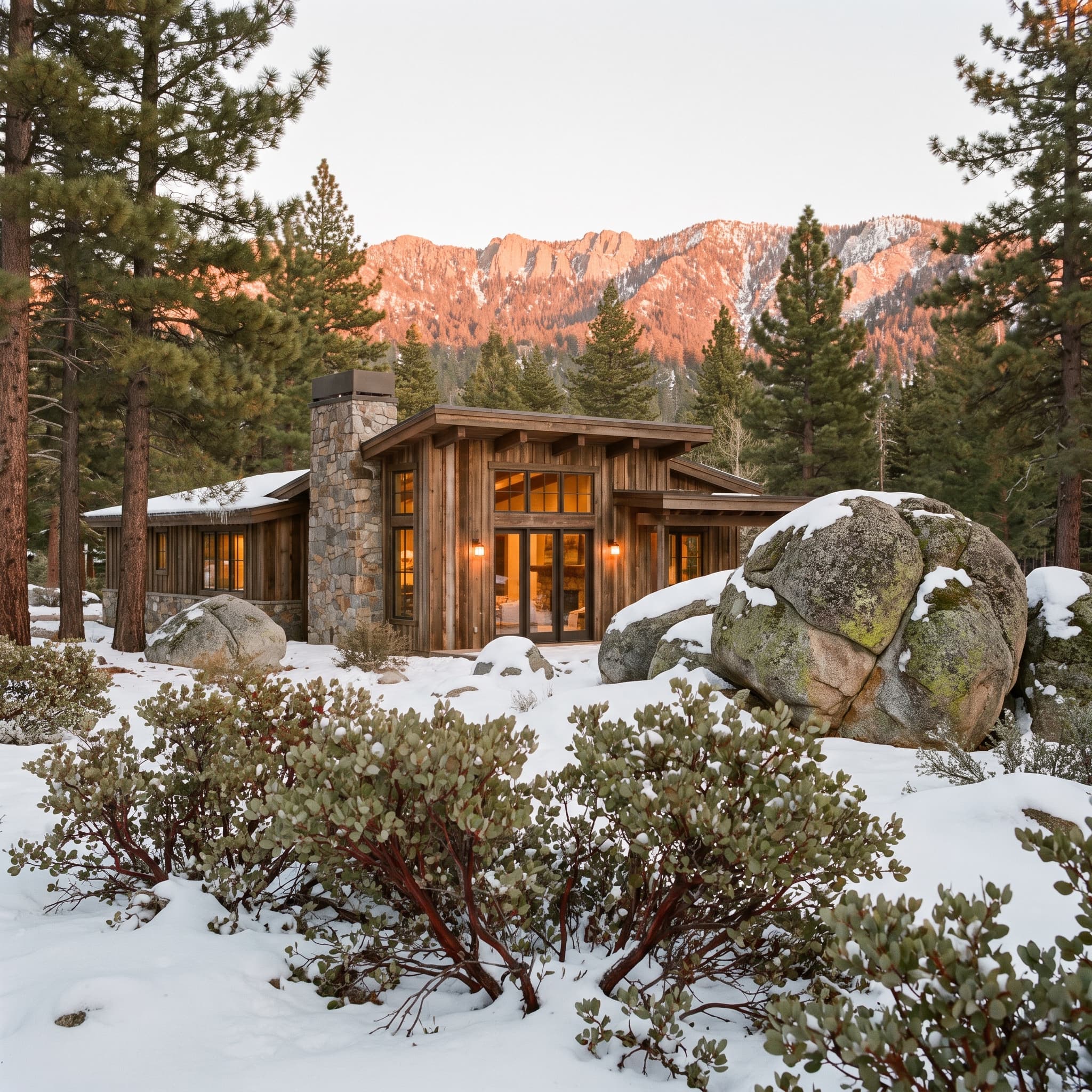 A timber cabin glowing with amber light at alpenglow golden hour, surrounded by Jeffrey pines, granite boulders, and light snow with a mountain ridge in the background
