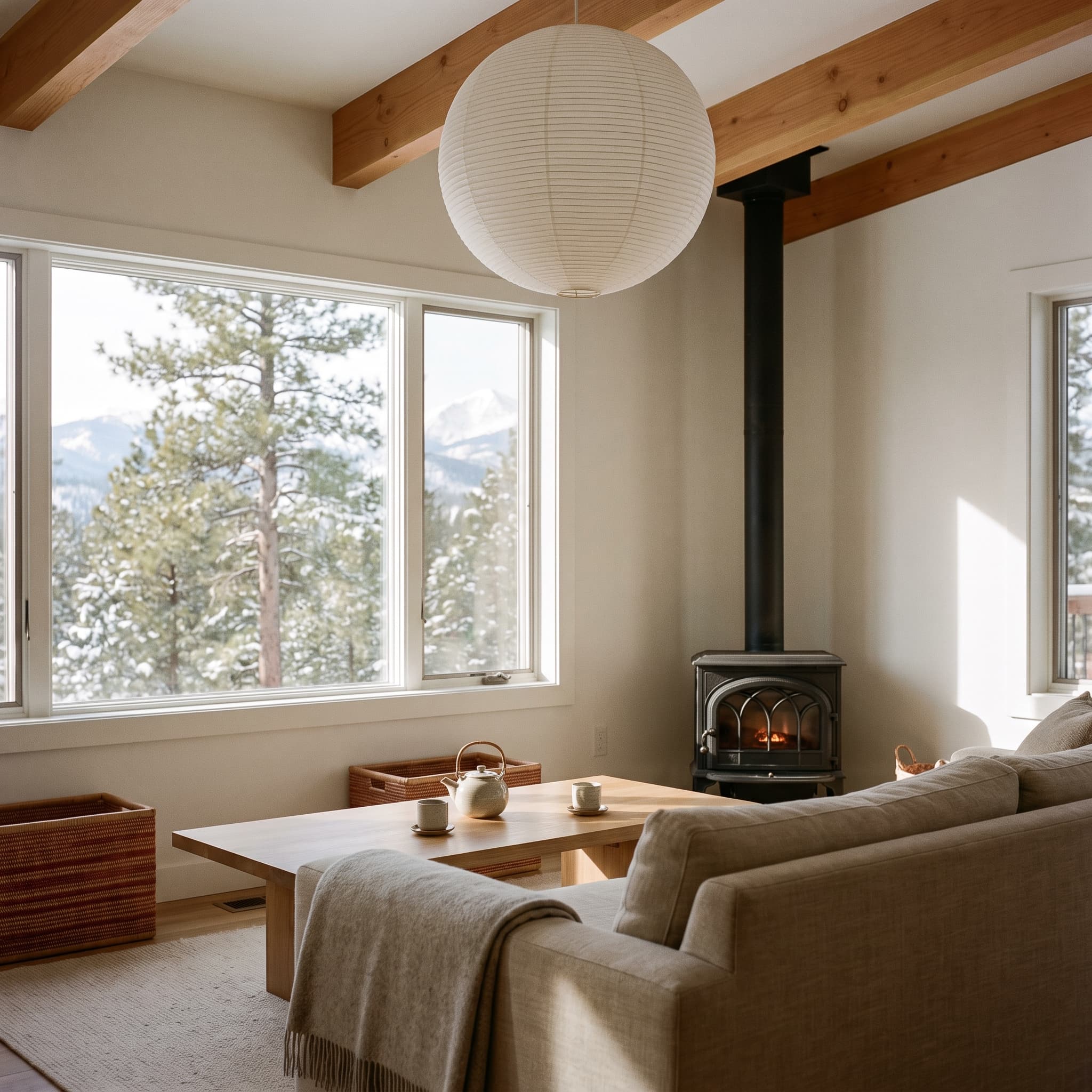A serene cabin interior with warm wood beams, a paper lantern, a wood stove, a ceramic teapot and two cups on a low table, and snow-dusted Jeffrey pines framed in a large window