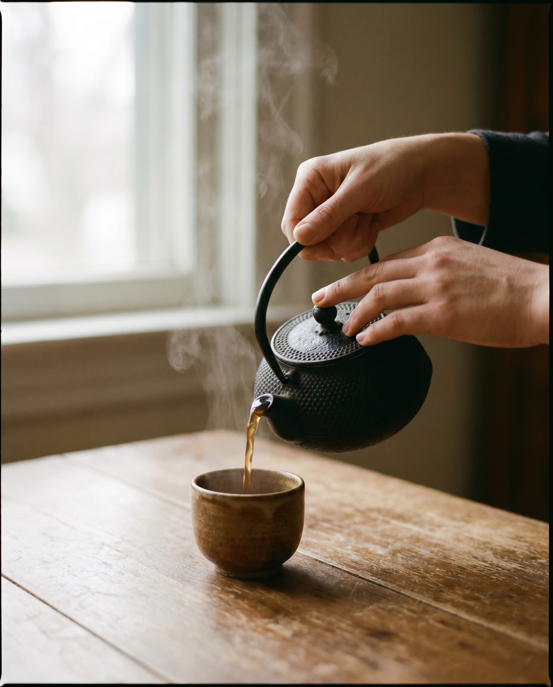 Hands pouring tea from a cast-iron pot into a ceramic cup