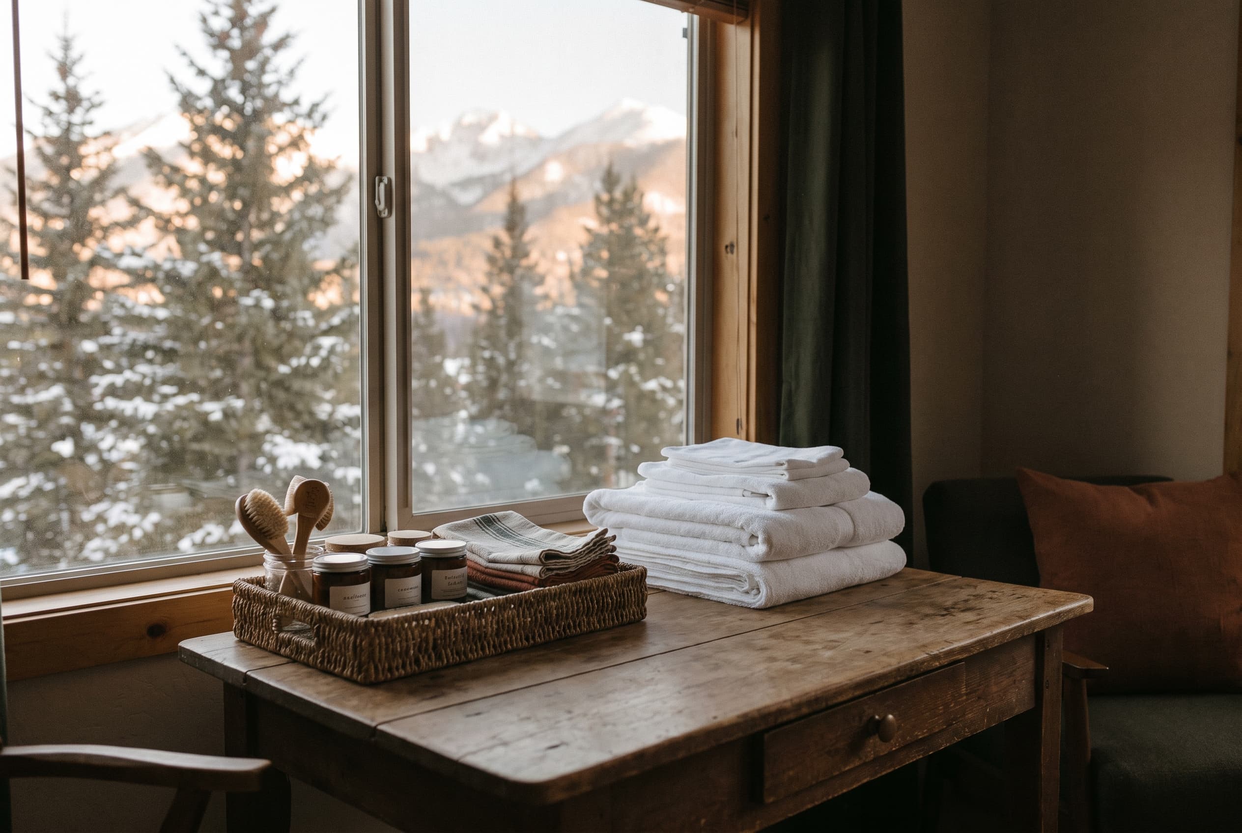 A freshly prepared cabin room in early alpine morning light: crisply folded white linens and clean care supplies arranged on a warm wood table, snow-dusted Jeffrey pines framed in the window