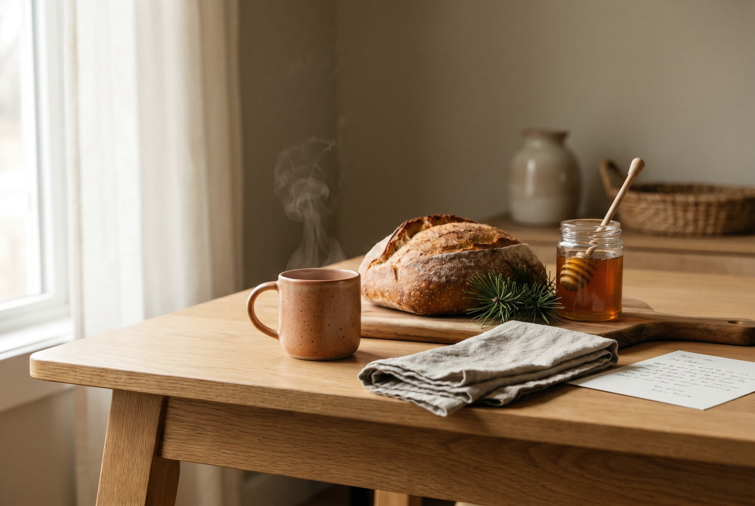 A warm welcome of coffee, bread, and a handwritten note